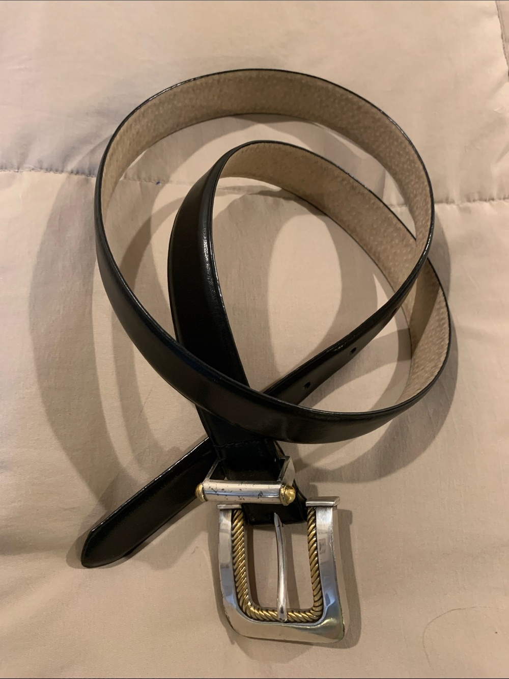 Men's Black Leather Belt w/Decorative Silver/Gold Buckle Vintage Mulholland Bros
